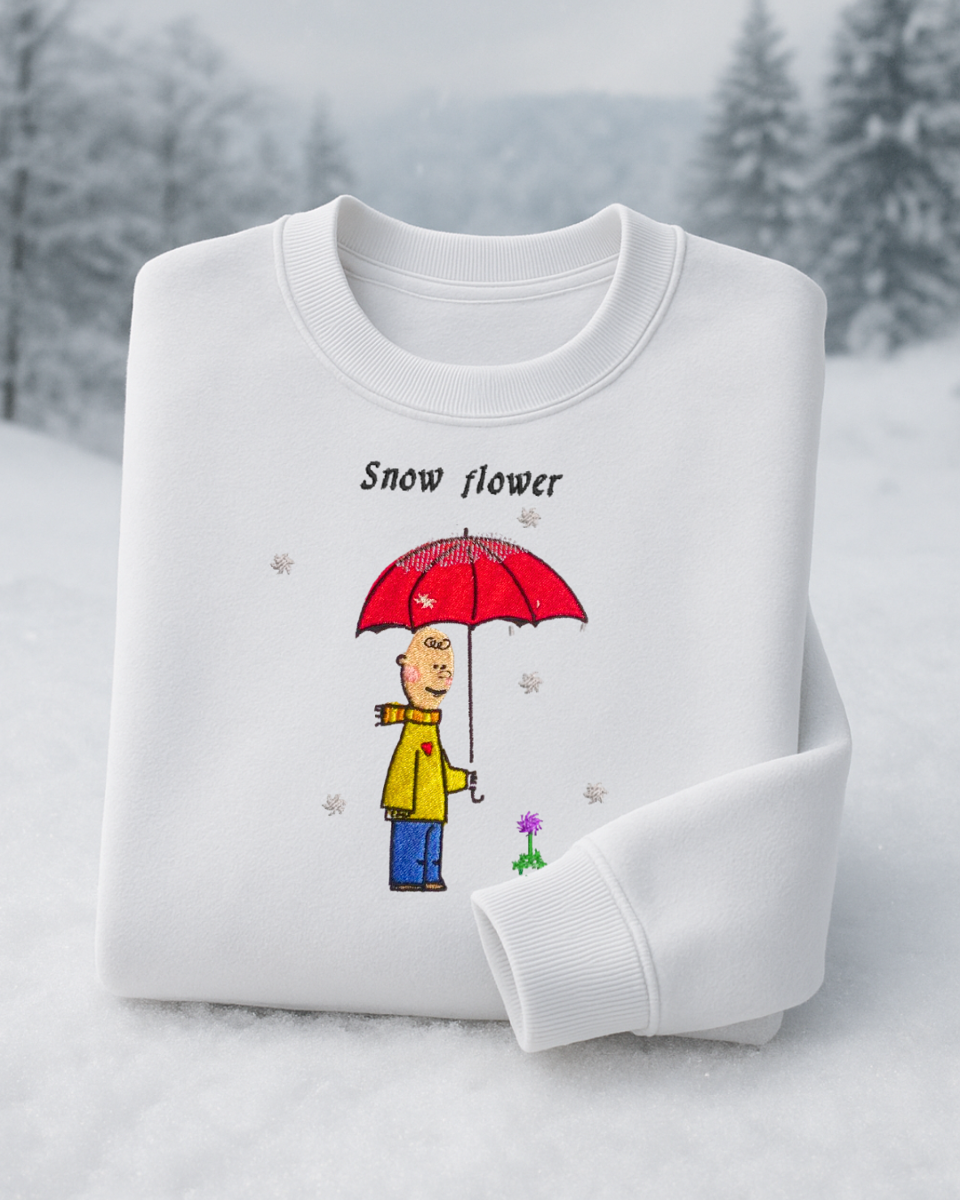 SNOW FLOWER TAEHYUNG V BTS CHRISTMAS SWEATER EMBROIDERED WHITE SWEATSHIRT