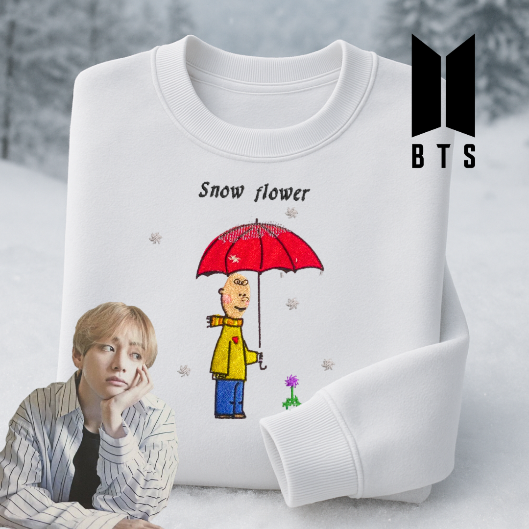 SNOW FLOWER TAEHYUNG V BTS CHRISTMAS SWEATER EMBROIDERED WHITE SWEATSHIRT